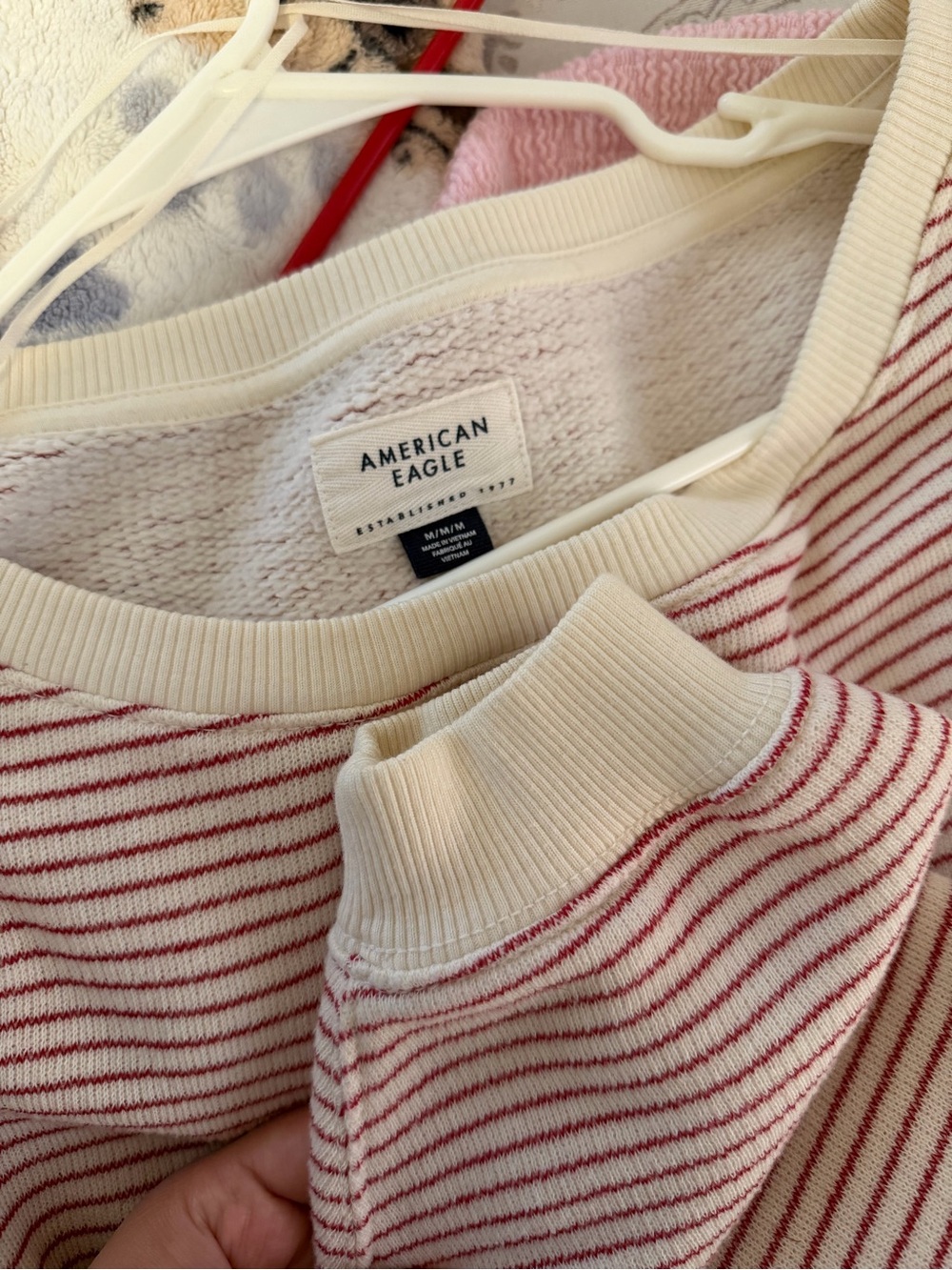 American Eagle Cream with Red Stripe Knit Pullover
